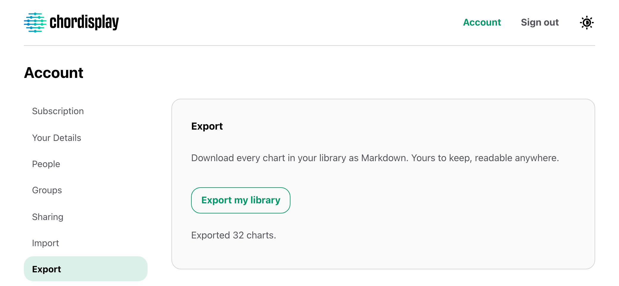 The Export panel in the web app's account settings, offering to download every chart in the library as Markdown. An Export my library button sits under the description, with a line beneath it confirming 'Exported 32 charts.'