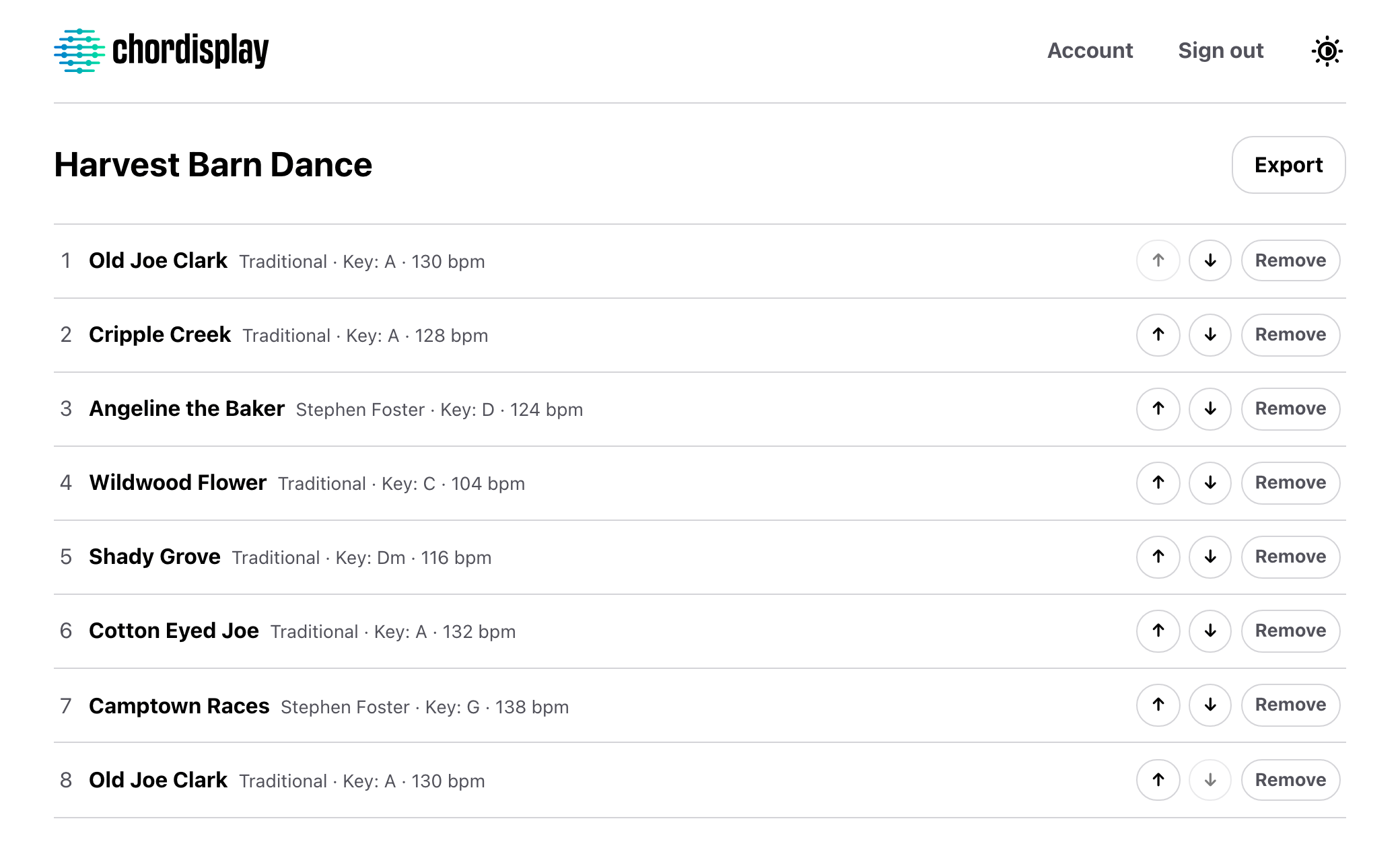 A setlist named Harvest Barn Dance, its songs numbered in playing order with each one's artist, key and tempo beside the title. Old Joe Clark appears twice, at number one and again at number eight, and every row carries up and down arrows and a Remove button.
