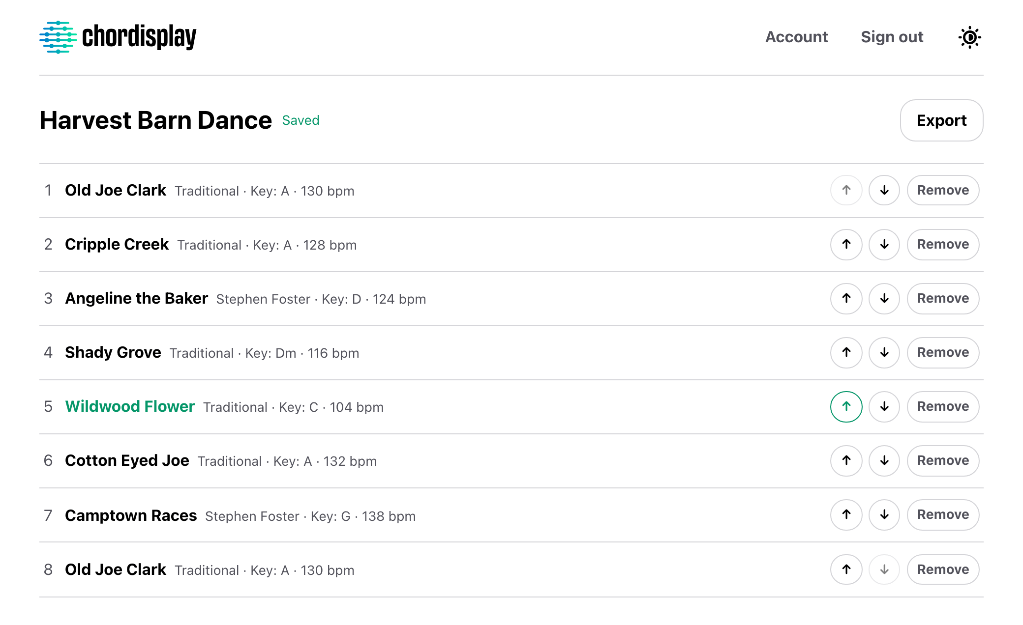 The same Harvest Barn Dance setlist just after a song was moved with the arrow buttons: Wildwood Flower now sits fifth instead of fourth, its title and its up arrow picked out in green, and a Saved label has appeared beside the setlist's name.