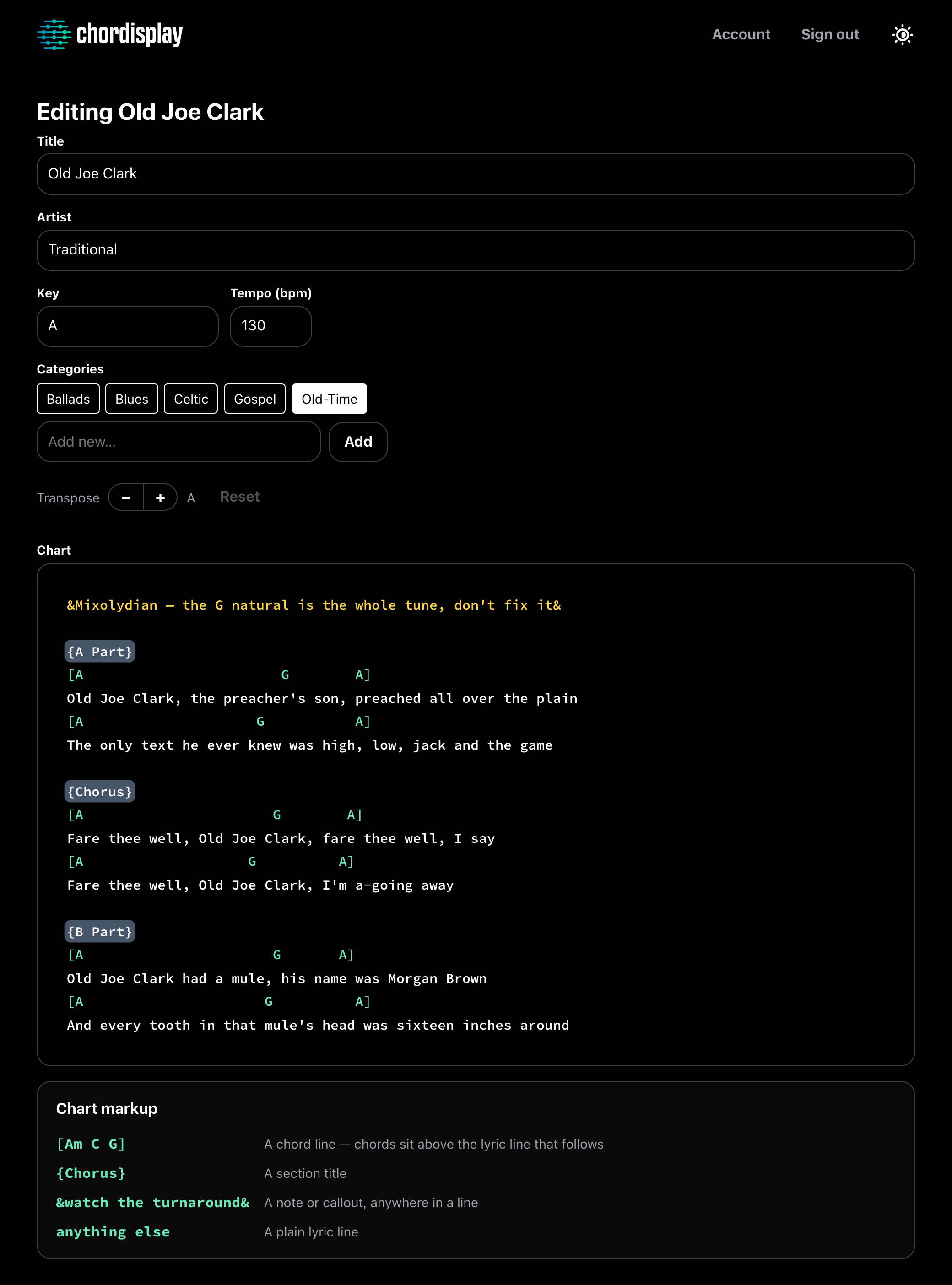The chart editor in a desktop browser, editing Old Joe Clark. Title, artist, key, tempo and category fields sit above a transpose row with minus and plus steppers and the key A, and below that a wide text area holding the chart, where chords, section titles and notes are coloured as they are typed. A key underneath names the four kinds of line: chord line, section title, note, and plain lyric.